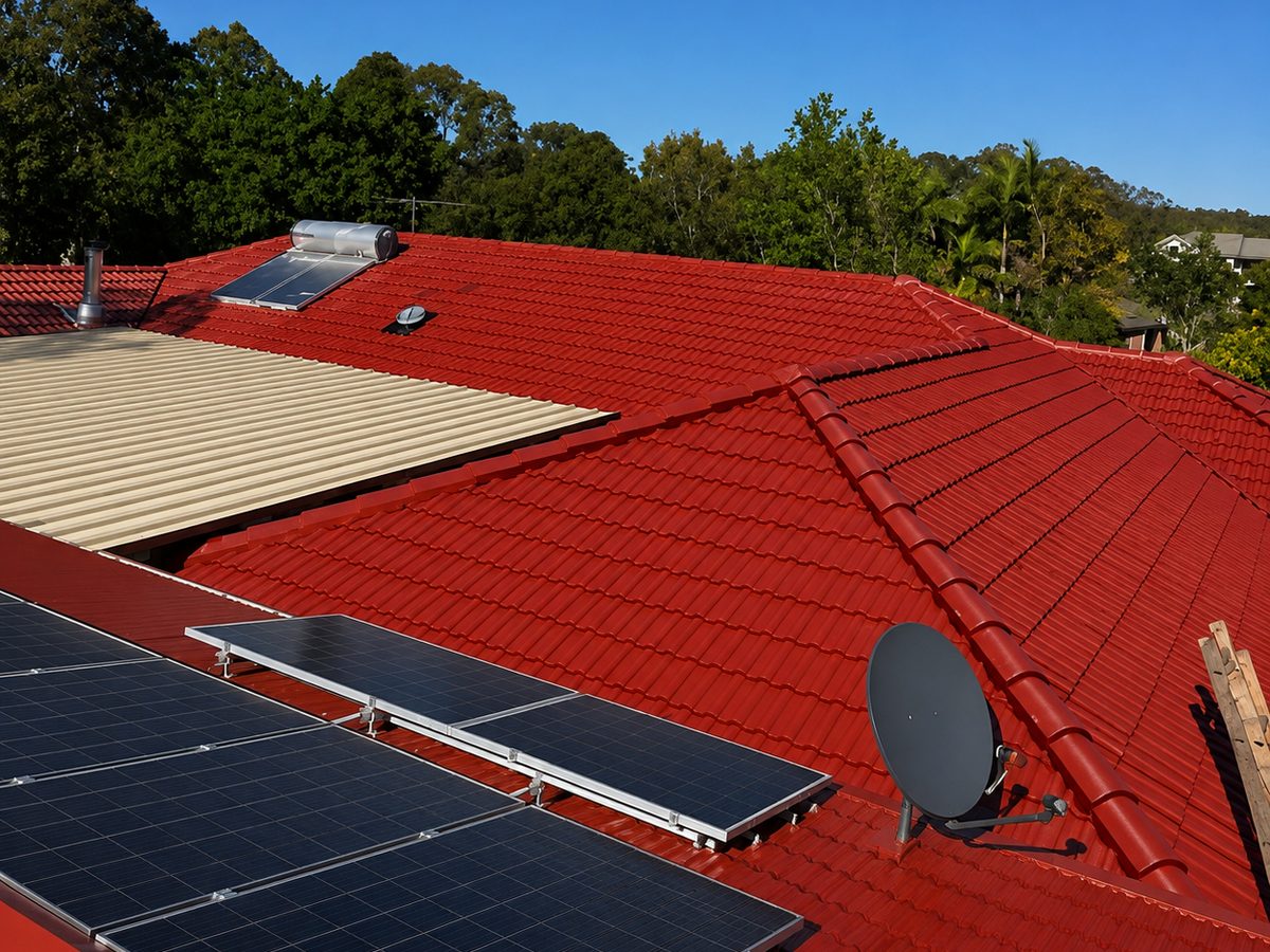 The same roof after restoration, evenly coated in deep red